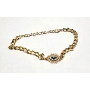 New Evil Eye Goldtone Chain Bracelet Anklet 9.5" Rhinestone Jewelry Protection